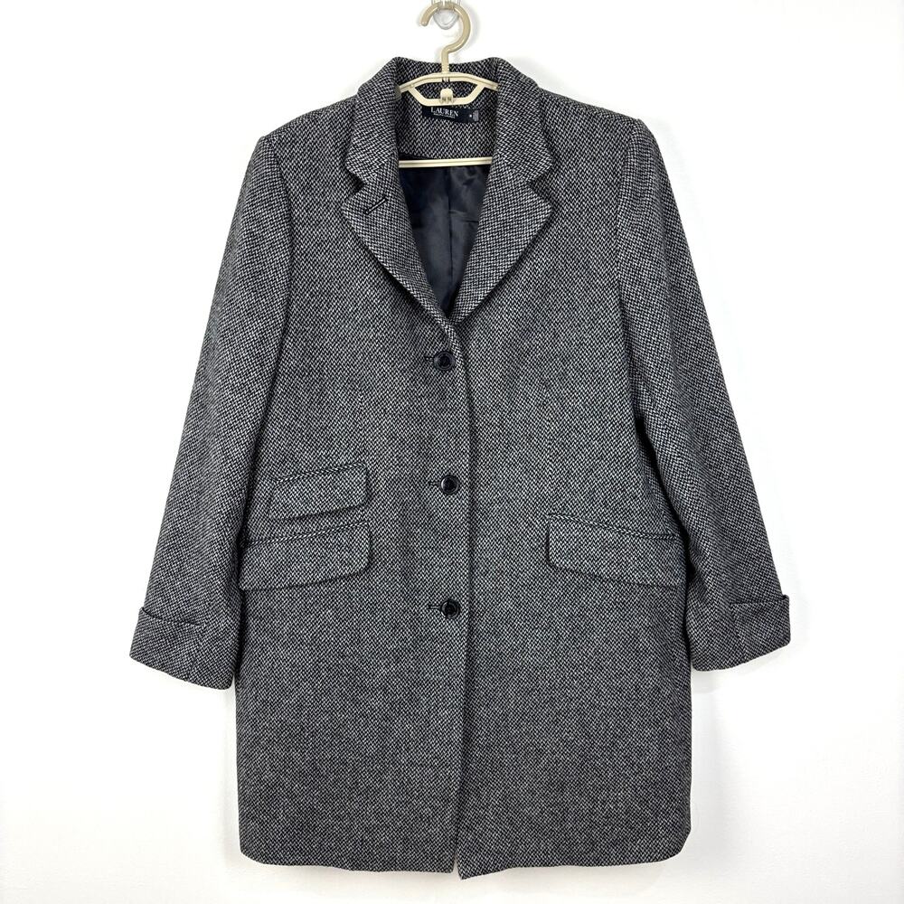 Lauren Ralph Lauren Wool Blend Reefer Coat 18 Long Black Cream Herringbone